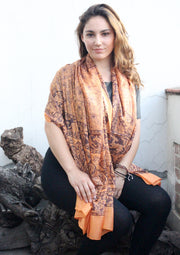 Elephant and Flower Print Orange Cotton Scarf/Shawl for Summer - nepacrafts