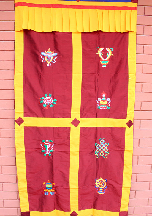 Polyester Silk Fabric Tibetan Lucky 8 Auspicious Symbol Embroidered Door Curtain - nepacrafts