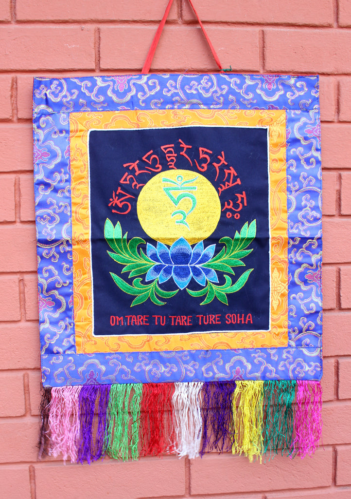 Tara Mantra with Lotus Embroidered Tibetan Buddhist Wall Hanging Banner - nepacrafts