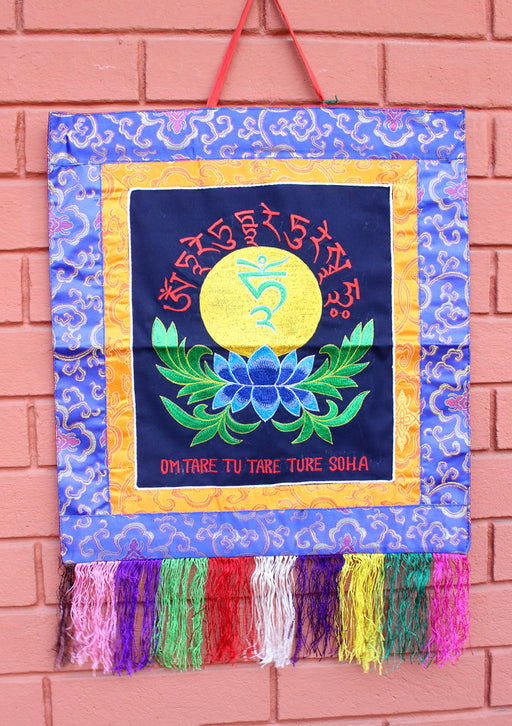 Tara Mantra with Lotus Embroidered Tibetan Buddhist Wall Hanging Banner - nepacrafts