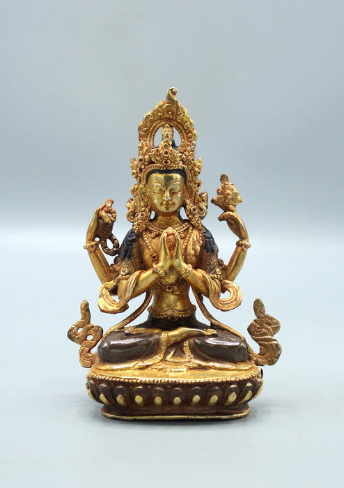 Partly Gold Plated Four Armed Chenrezig Statue 6.5"