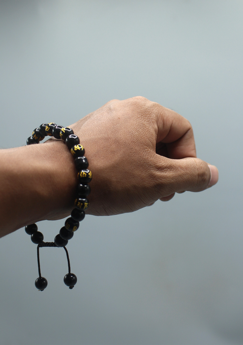 Resin Black Beads Prayer Wrist Mala with Gold Inscribtion