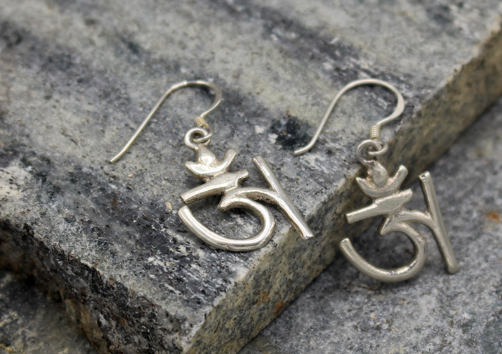 Om Fine Carving Sterling Silver Earrings - nepacrafts