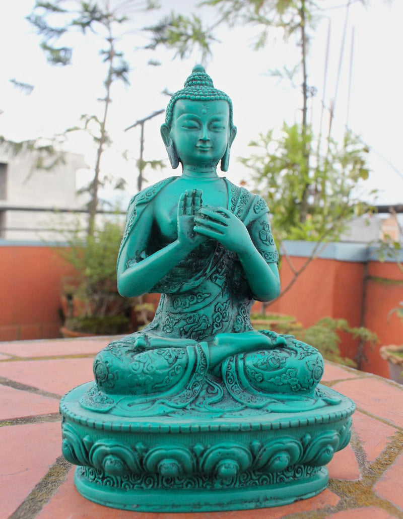 Turquoise Toned Floral Motifs Carved Vairochana Buddha Resin Statue 7 inch High - nepacrafts