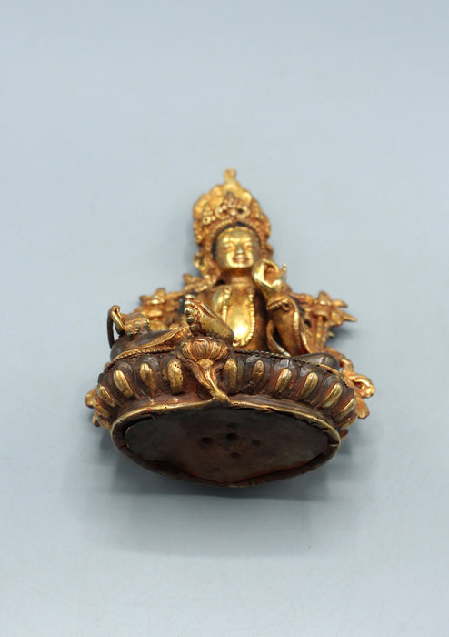Partly Gold Plated Beautiful Copper Green Tara Statue 6"