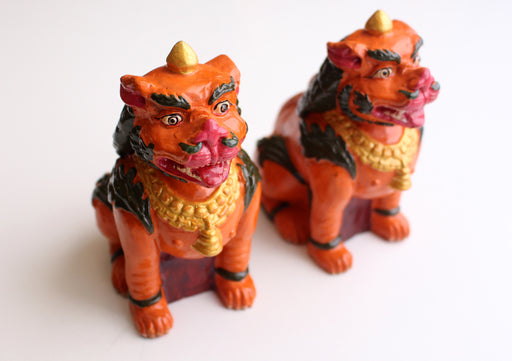 Hand Carved and Painted Pair of Clay Temple Lion Statue - nepacrafts