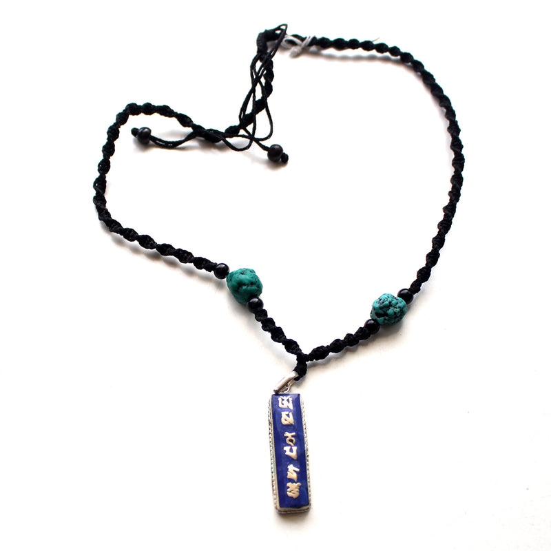 White Metal Lapis Inlaid Om Mani Pendant - nepacrafts