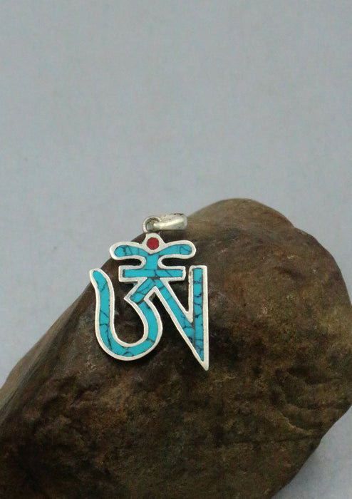 Sterling Silver Tibetan Om Symbol Pendant with inlaid Turquoise