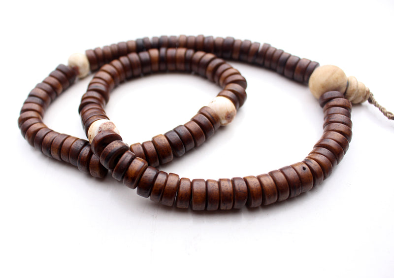Disk Shaped Yak Bone Prayer Mala with White Conch Counter - nepacrafts