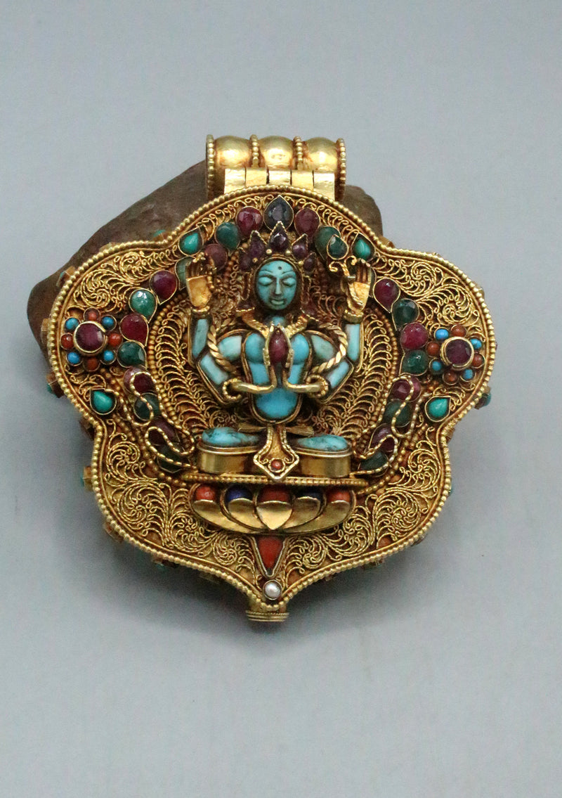 Masterpiece Hand Carved Gold Plated Chenrezig Ghau Pendant with Inlaid Turquoise and Ruby