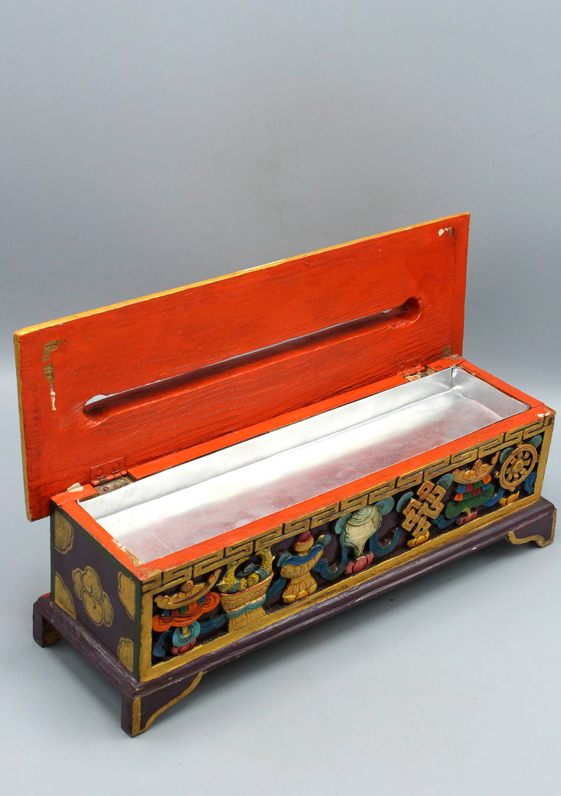Astamangal Carved Handcrafted Wooden Incense Burner Red Box
