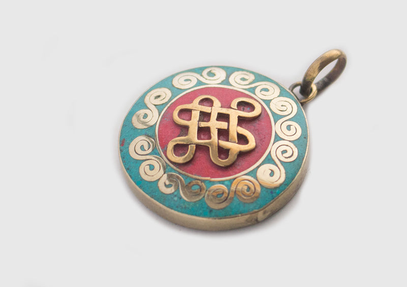 Tibetan Symbol Embossed White Metal Pendant - nepacrafts