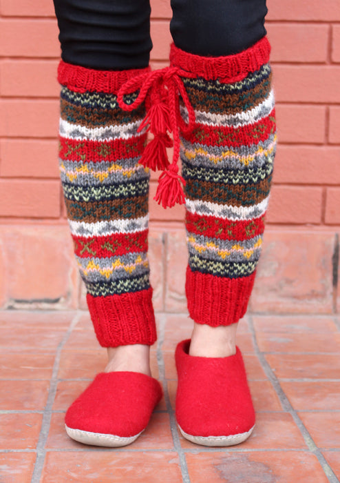Bright Red Border Multicolor Woolen Legwarmers with Knitted Lace - nepacrafts