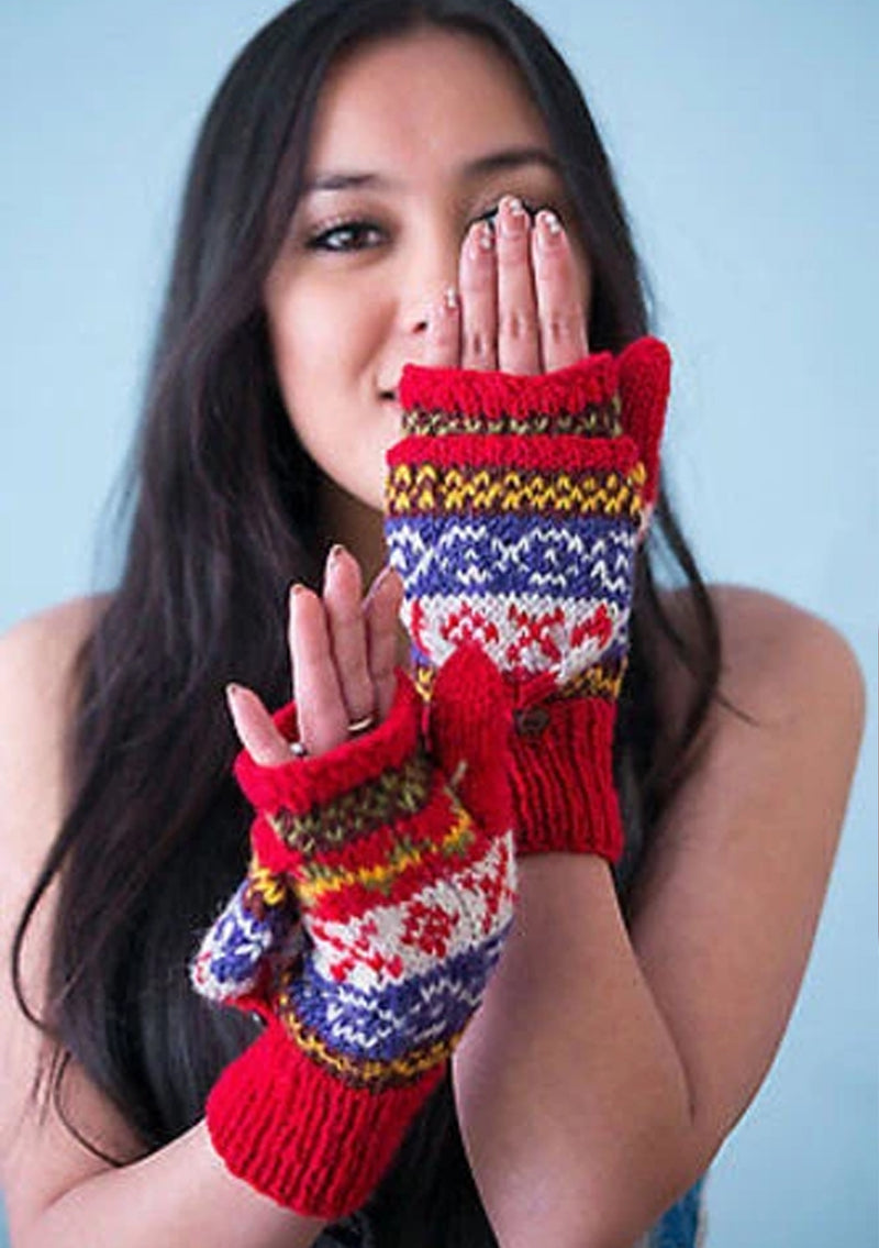 Hand knit Red Multicolor Woolen Convertible Mittens (Red WO20G)