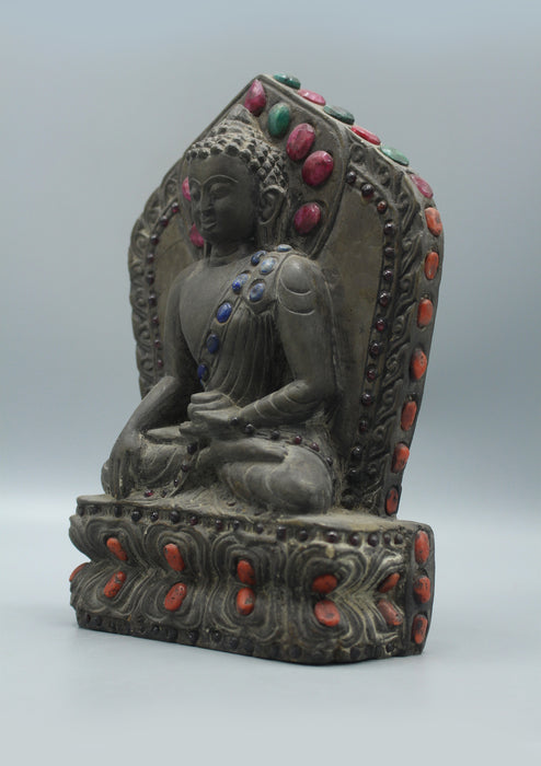 Stone Shakyamuni Buddha Statue with inlaid Ruby and Emerald