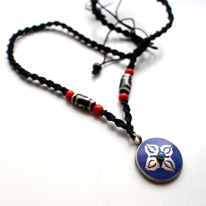 Lapis Inlaid White Metal Double Dorjee Pendant - nepacrafts
