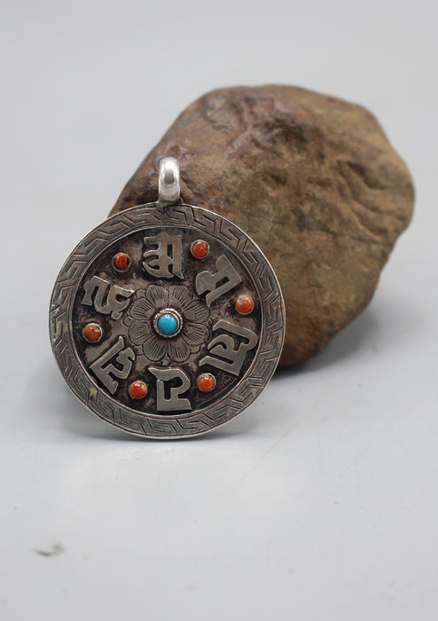Sterling Silver Om Mani Pendant with Inlaid Turquoise and Coral Stones