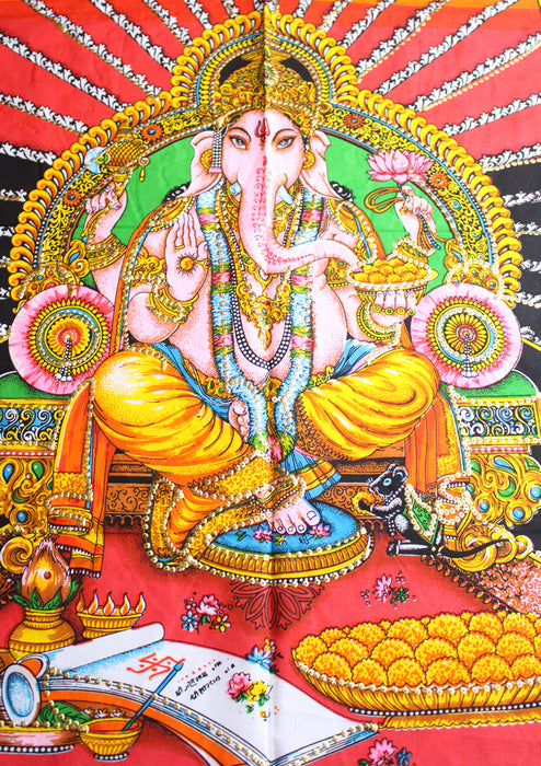 Hindu Lord Ganesha Printed Cotton Fabric Tapestry Wall Hanging - nepacrafts