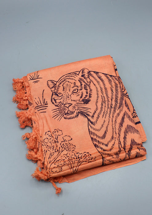 Pure Cotton Wildlife  Tiger Printed Orange Shawl with Furka