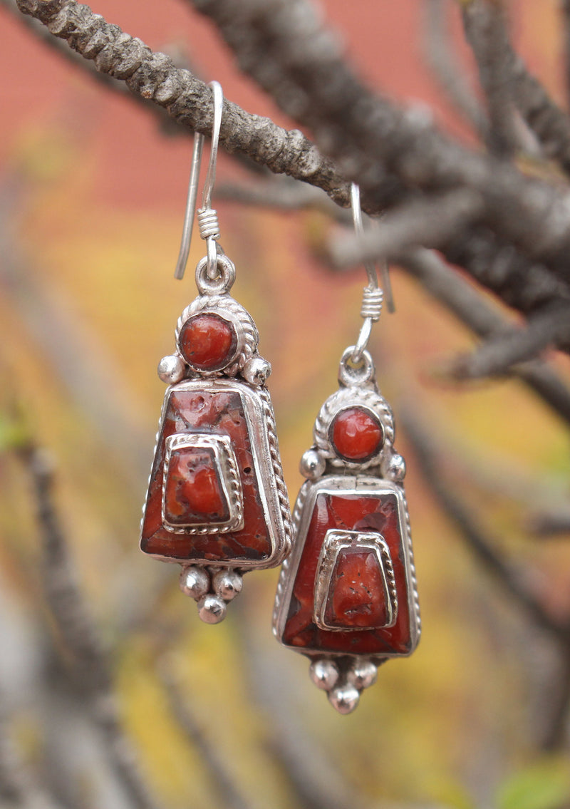 Tibetan Sterling Silver Inlaid Drop Earrings - nepacrafts