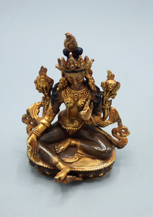 Partly Gold Plated Copper Green Tara Statue 5.5"