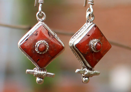 Traditional Tibetan Coral Inlaid Silver Earrings - nepacrafts