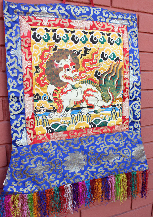 Snow Lion Silk Brocade Wall Hanging - nepacrafts