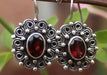 Round Silver Carving Flower Earrings with Garnet Inlays - nepacrafts