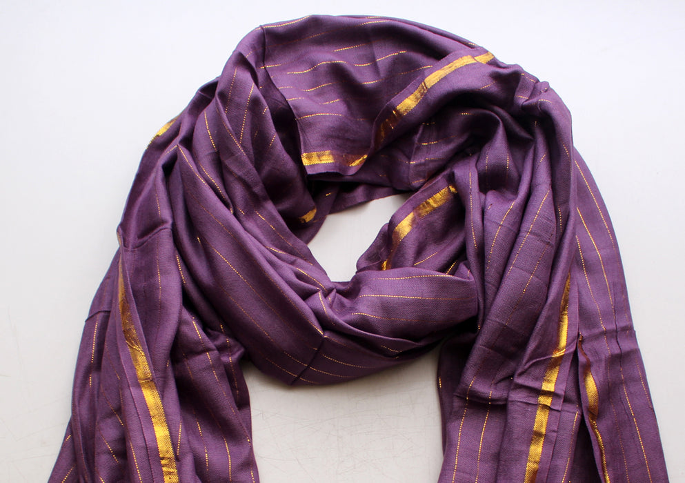 Plain Purple Jari Scarf with Golden Lining, Cotton Shawl From Nepal - nepacrafts