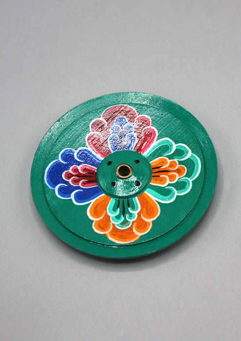 Green Hand Painted Round Floral Wooden Incense Burner