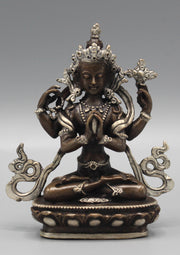 Copper Chenrezig Statue 4" High Inlaid Silver Robe - nepacrafts