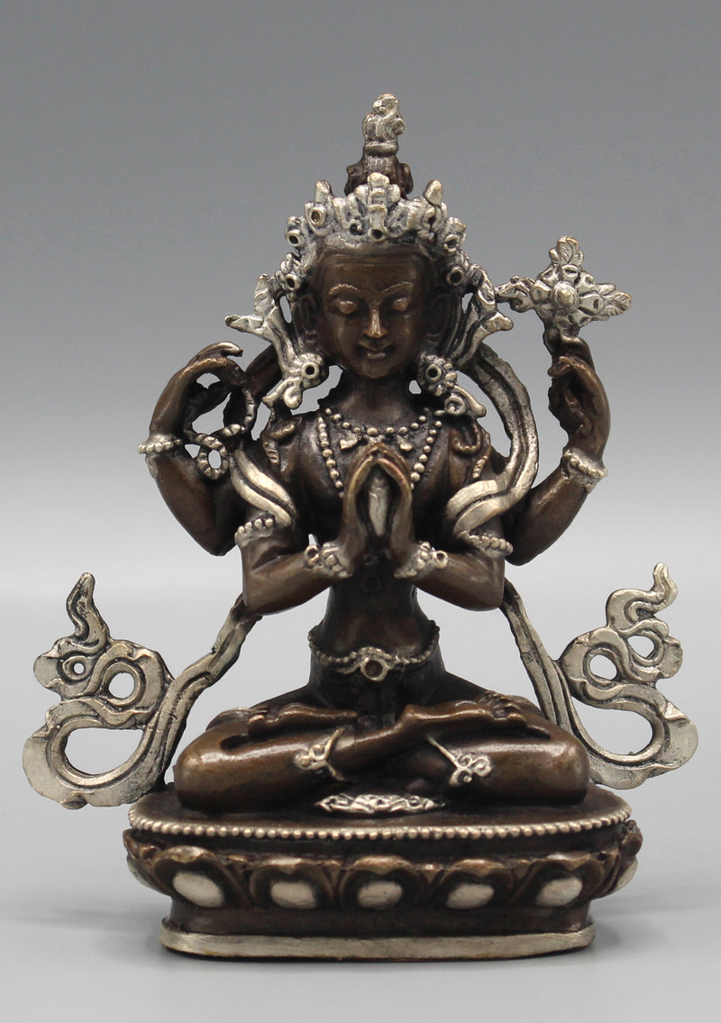 Copper Chenrezig Statue 4" High Inlaid Silver Robe - nepacrafts