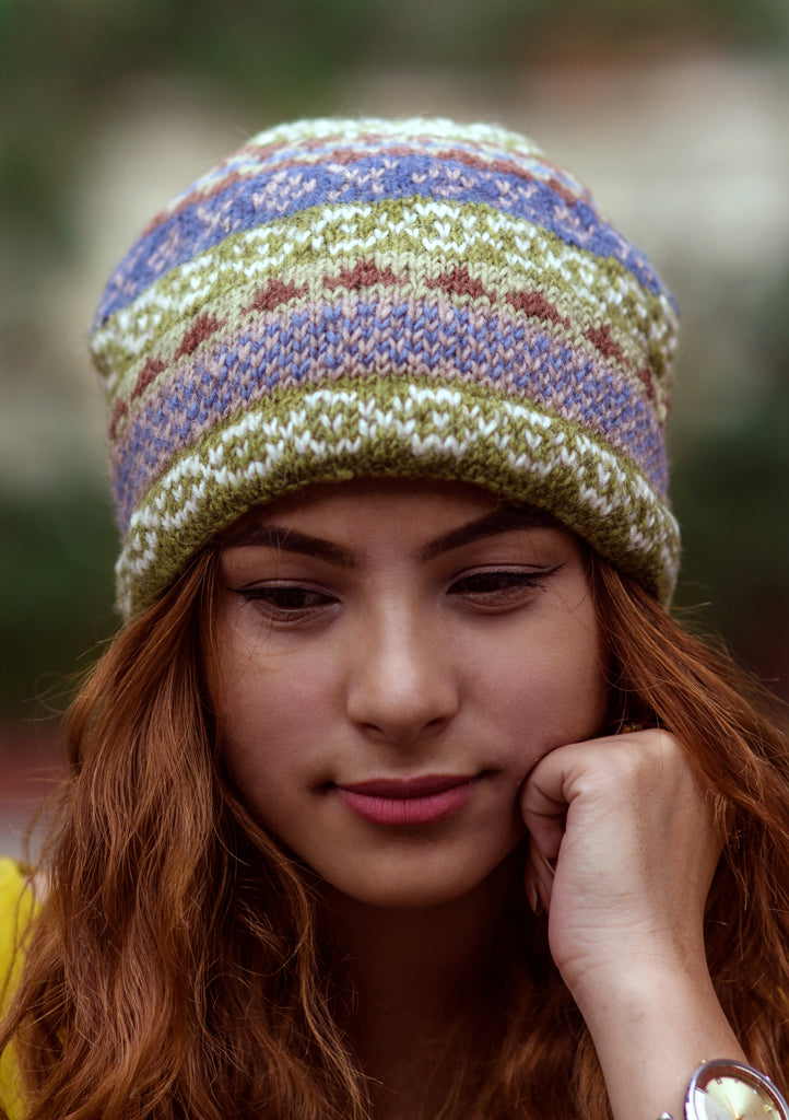 Olive Green Pure Woolen Sherpa Beanie Cap - nepacrafts