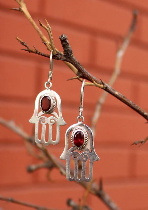 Silver Sterling Hamsa, Hand of Fatima Earrings with Garnet Inlays - nepacrafts