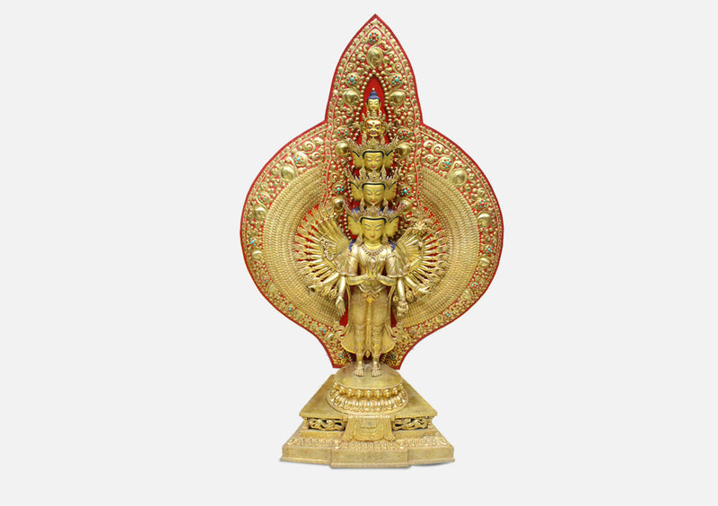 50" High Magnificent Thousand Armed Avalokiteshvara Gold Plated Statue - nepacrafts