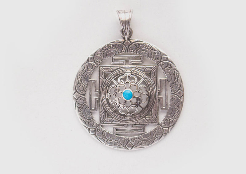 Turquoise Inlaid Fine Craft Silver Sterling 925 Mandala Pendant - nepacrafts