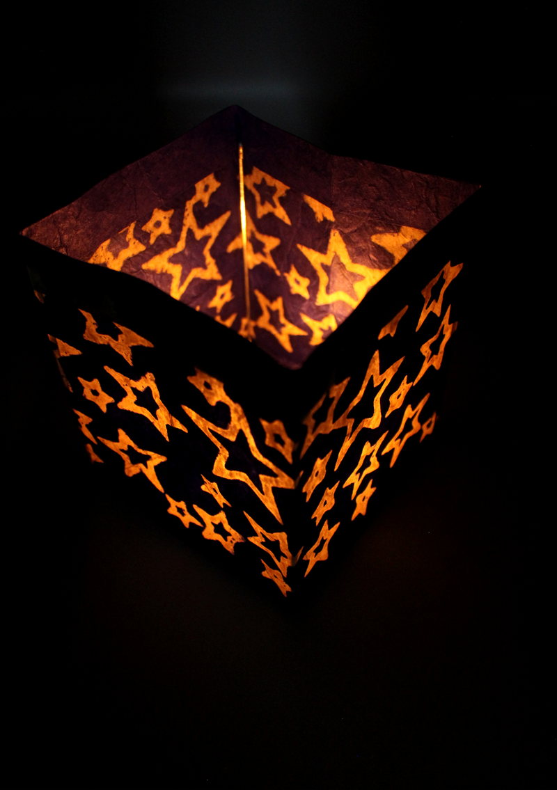 Handmade Star Printed Blue Lokta Paper Candle Lamp