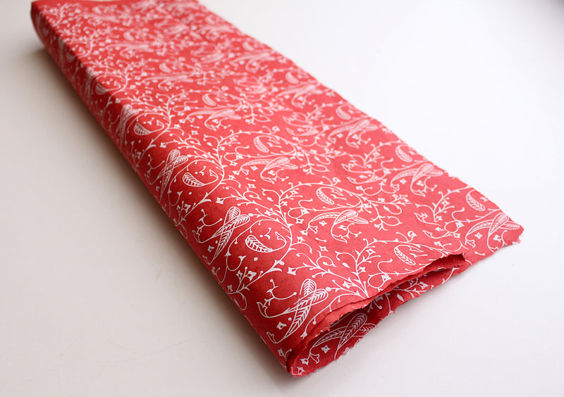 White Flower and Leaf Printed Red Handmade Gift Wrapping Lokta Paper Sheets - nepacrafts