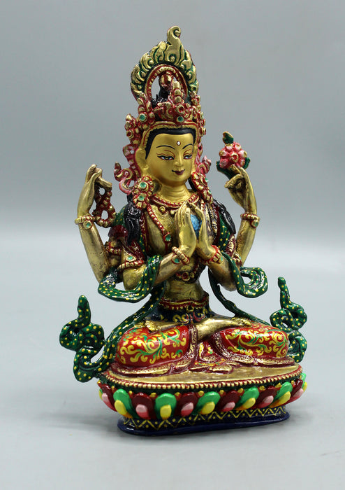 Hand Painted Fine Carving Chenrezig Gold Plated Statue
