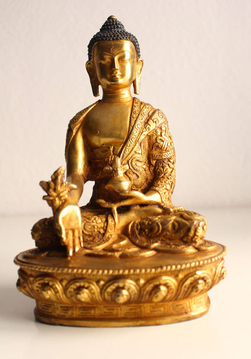 Fully Gold Plated and Dragon Carved Menla Medicine Buddha Statue-8 inch High BST105 - nepacrafts