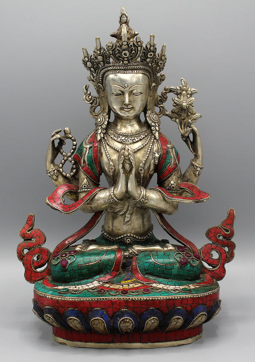 Jeweled Tibetan Silver Plated Chenrezig Statue - nepacrafts
