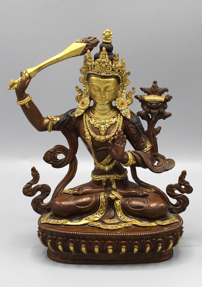 Partly Gold Painted Copper Tibetan Manjushree Statue