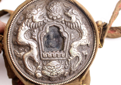 White Metal Dragon Carved Chenrezig Ghau Pendant with Cotton Cover - nepacrafts