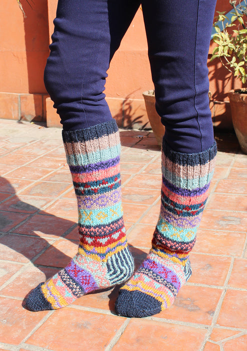 Dark Blue MultiColor Woolen Knee High Socks