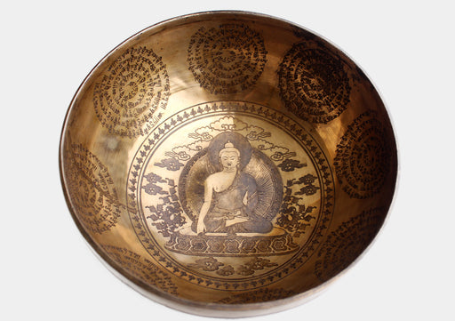 Shakyamuni Buddha and Double Dorjee Carved Tibetan Singing Bowl - nepacrafts