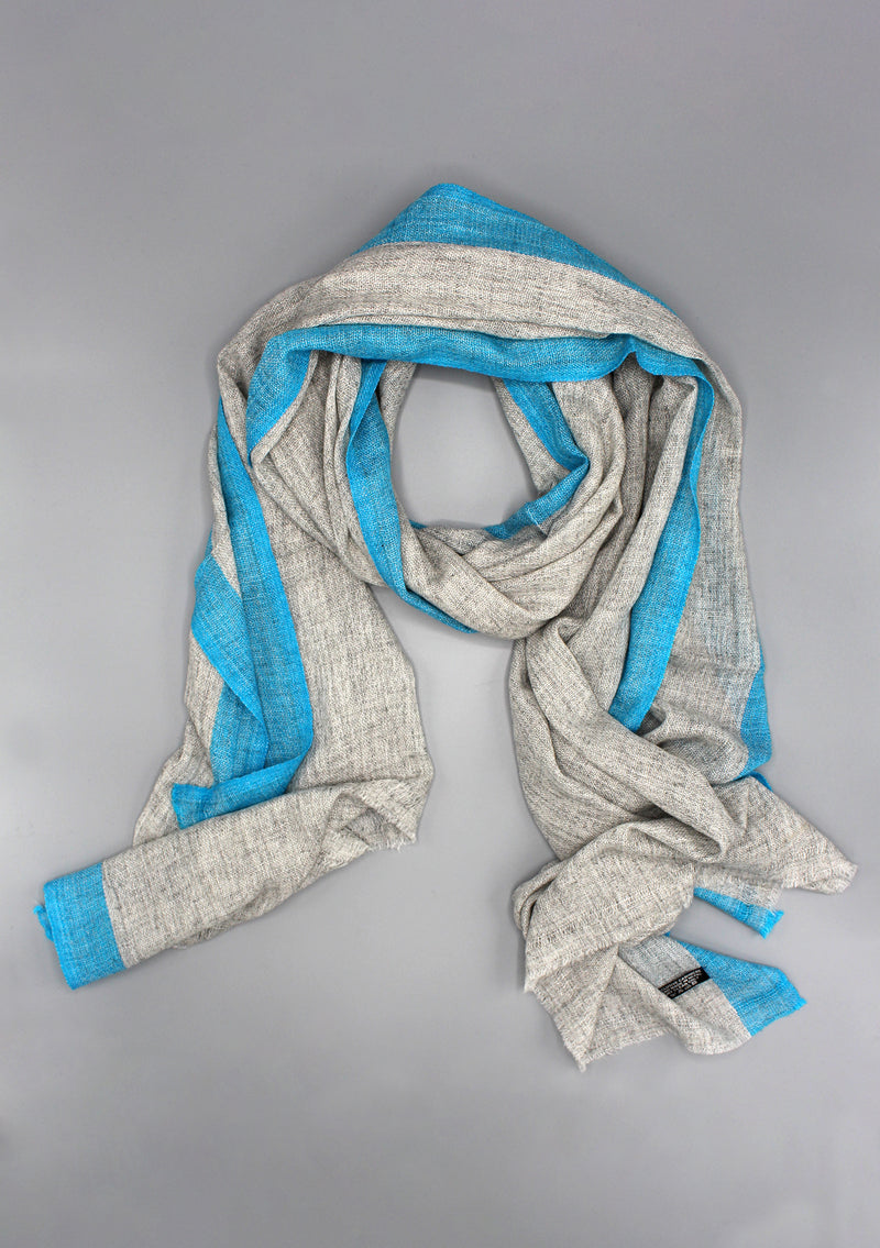 Blue Border Plain Light Gray Mix Wool Cashmere Shawl - nepacrafts