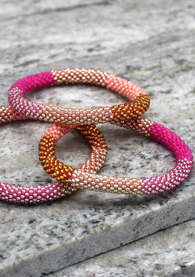 Royal Pink and Multi Colors Strips Glass Beads Bracelet