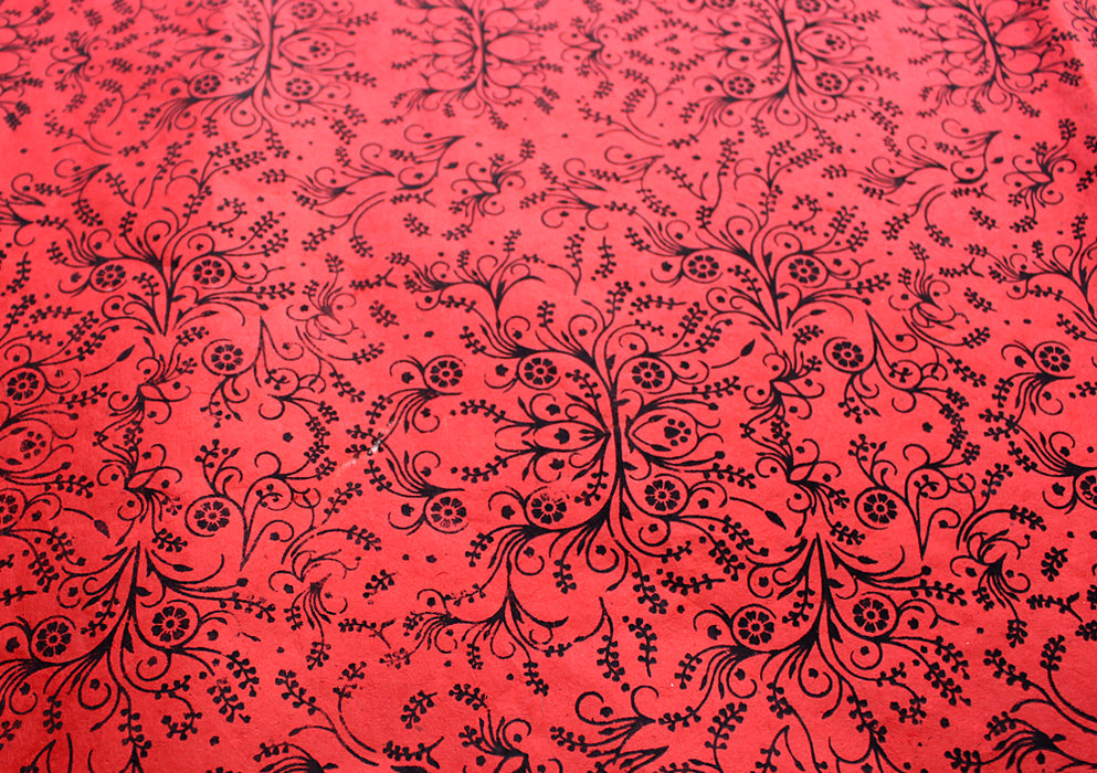 Black Flower & Leaf Printed Red Handmade Gift Wrapping Lokta Paper Sheets - nepacrafts