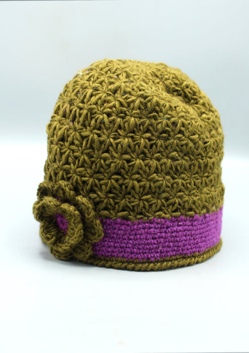 Purple Border Flower Attached Beige Warm & Soft Crocheted Woolen Beanie