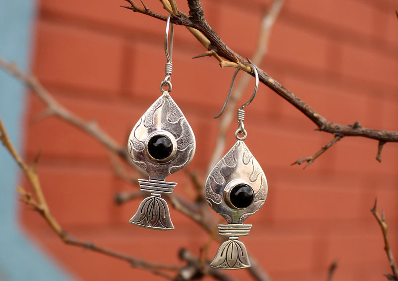 Black Onyx Inlaid Silver Sterling Tibetan Flame Earrings - nepacrafts